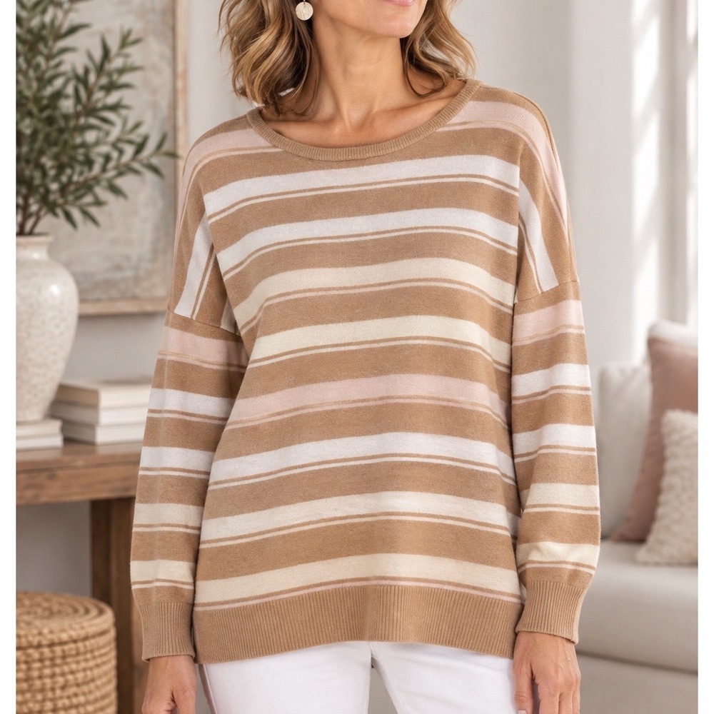 J. Jill Women XL Striped Scoop Neck Sweater Camel Pink Cream Relaxed Fit